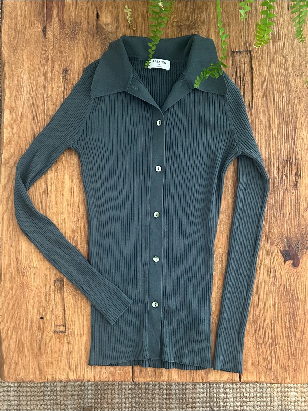 Aritzia Babaton Ribbed Button-Front Long-Sleeve Top — Forest Green
